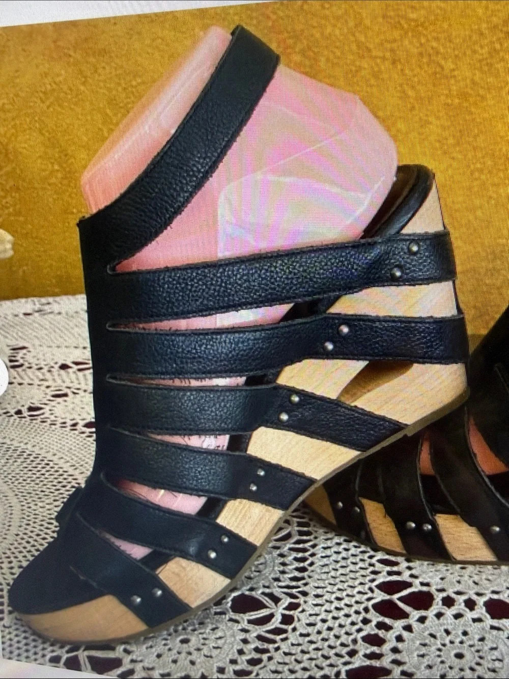 Eileen Fisher Black Leather Strappy Wood Wedge Sandals Summer Formal Wedding 10